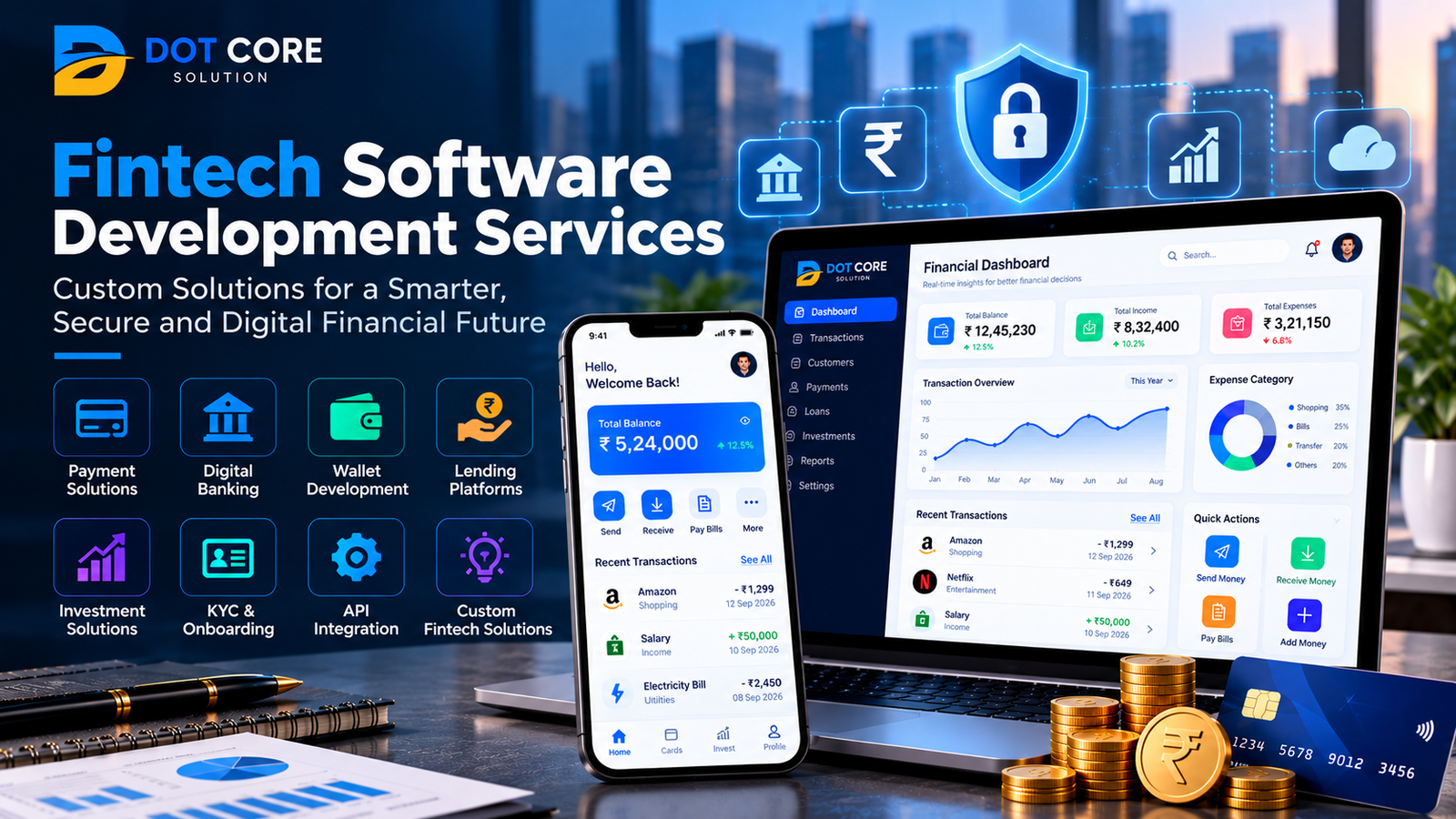 Fintech software development services with secure payment, digital banking, wallet, lending, investment, KYC and API integration solutions