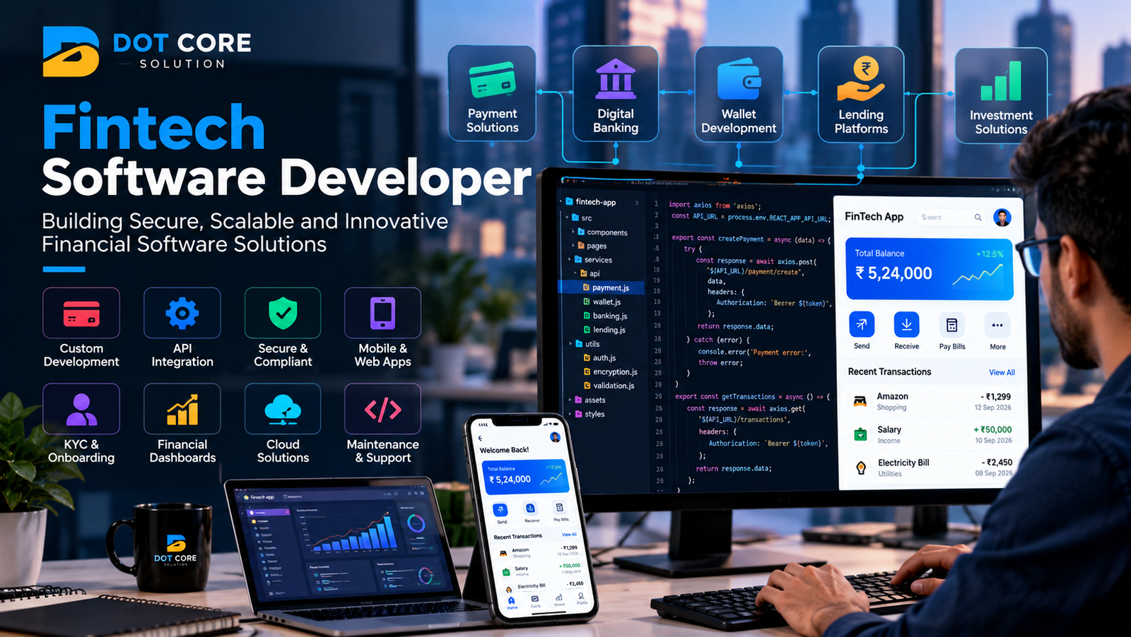 Fintech software developer working on secure financial applications with payment, digital banking, wallet, lending and investment solutions