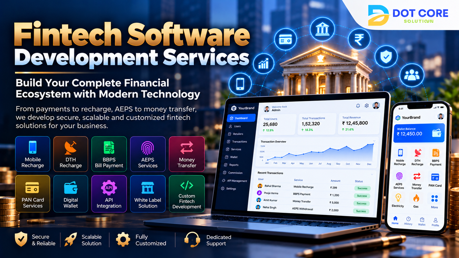 Fintech software development services for payments, recharge, AEPS, BBPS and digital financial solutions