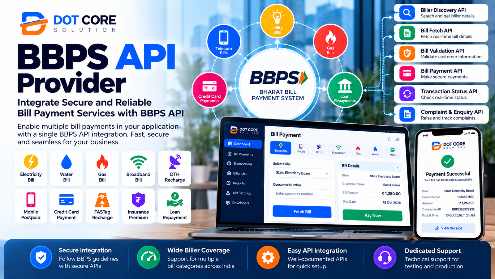 BBPS API provider offering secure bill payment API integration for biller discovery, bill fetch, validation, payments, transaction status, and fintech applications
