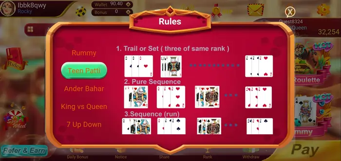 In-game rules screen